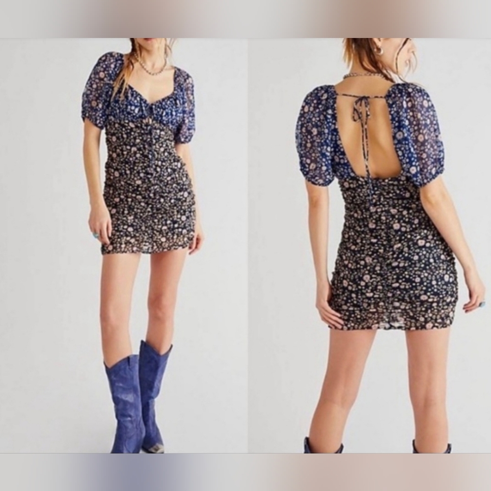 Free People Tessa floral print mini dress size L color blue